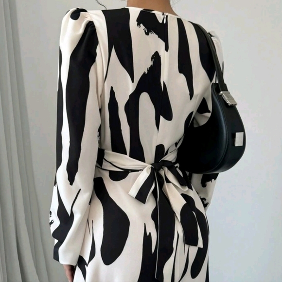 Asymmetrical Print, Bow Tie, Elastic Sleeve Elegant Vacation Casual Dress For Wo - Picture 2 of 3